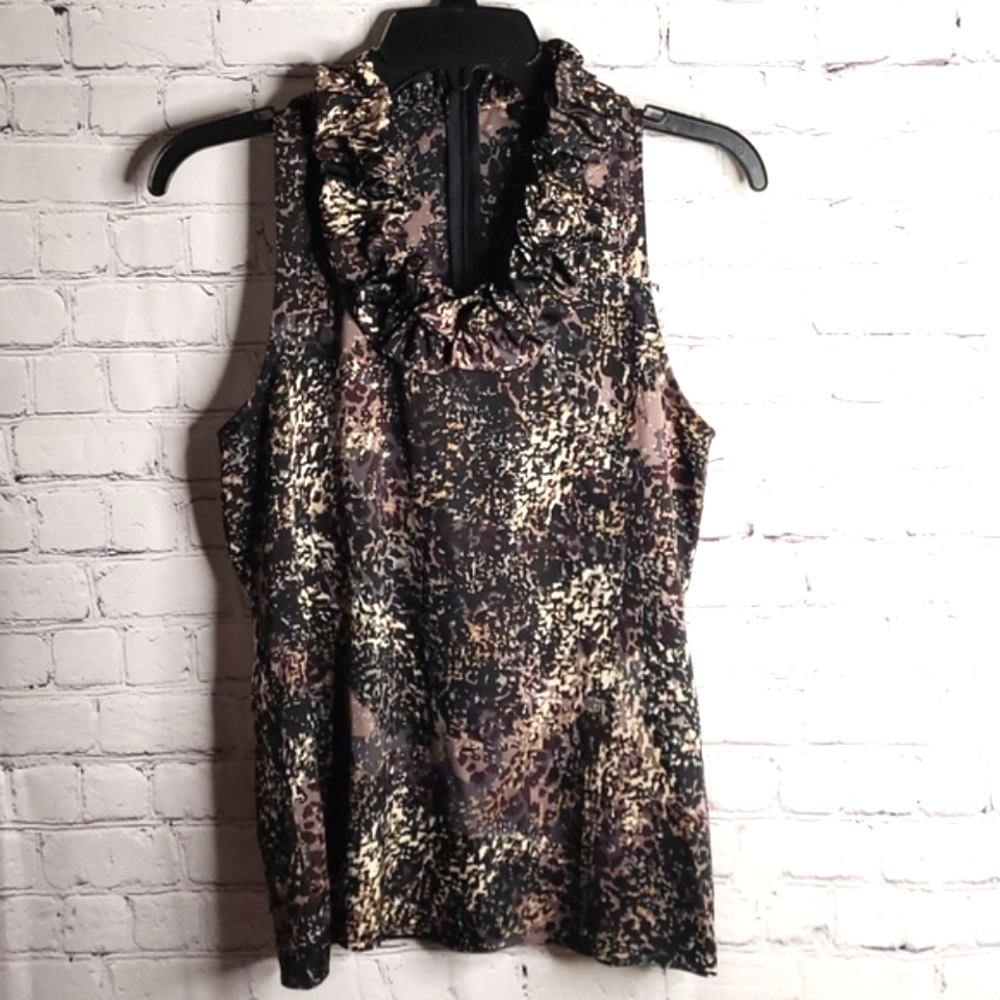 Ann Taylor Brown Black Ruffle Neckline Sleeveless Blouse Top Shirt S